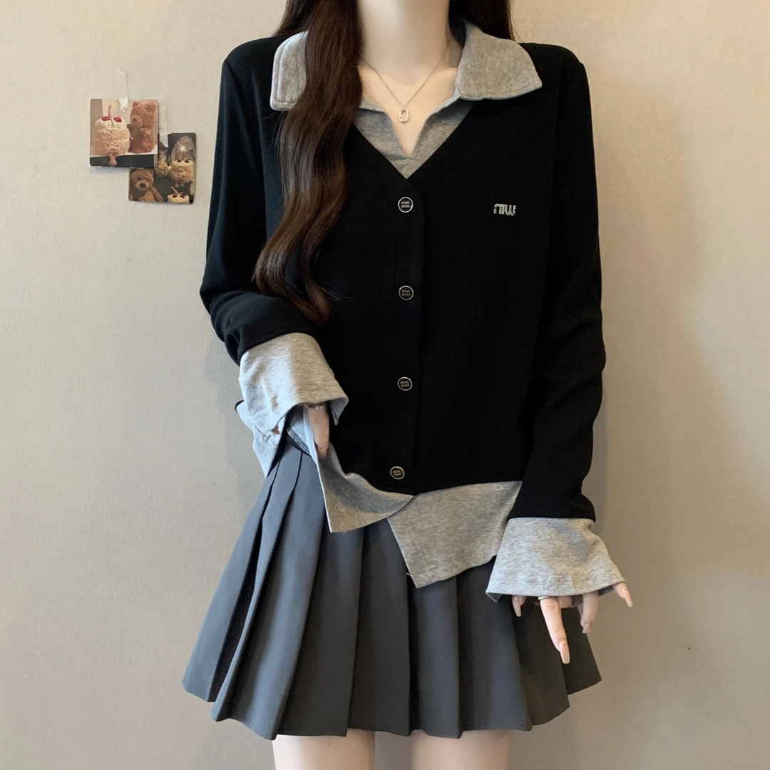 大码学院风假两件针织衫女秋冬胖mm修身显瘦遮肚内搭长袖拼色上衣