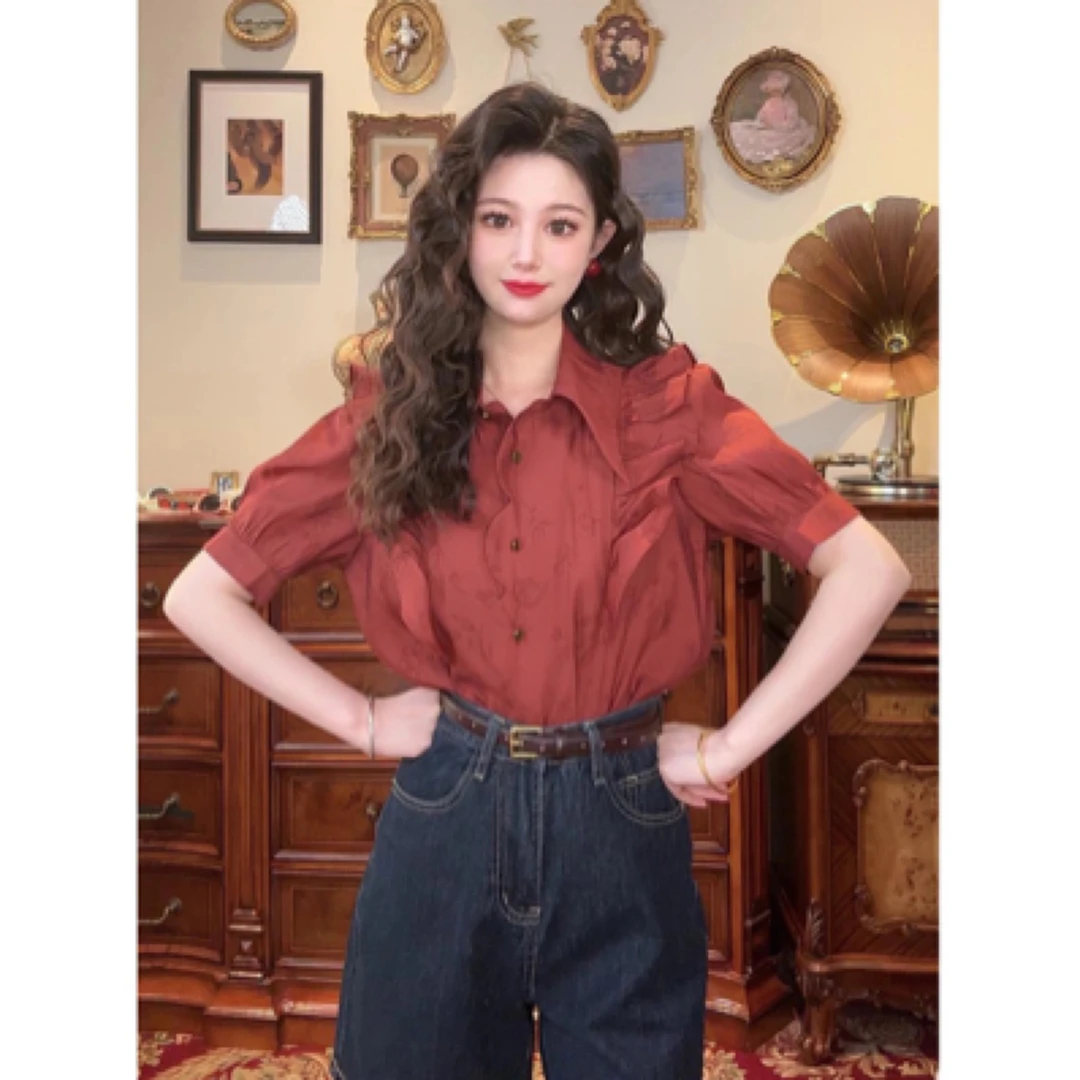 短袖翻领衬衫女2025年新款夏季独特别致绝美时尚女士荷花边上衣潮
