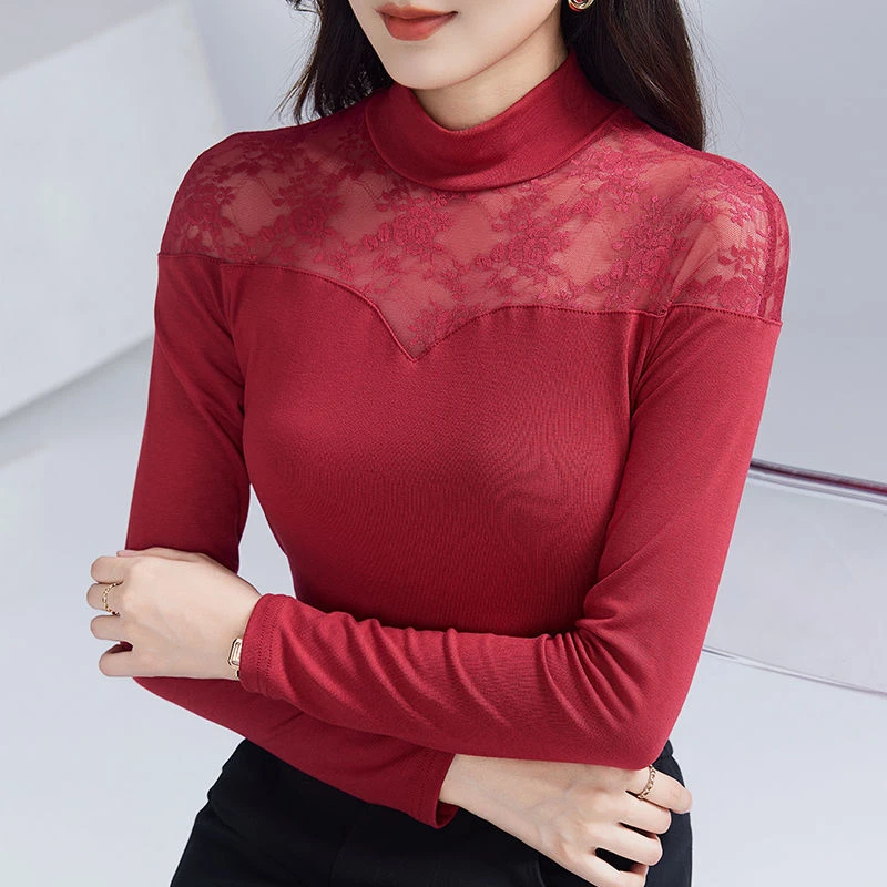 秋冬新款半高领拼接长袖打底衫女百搭弹力棉T恤小衫内搭上衣