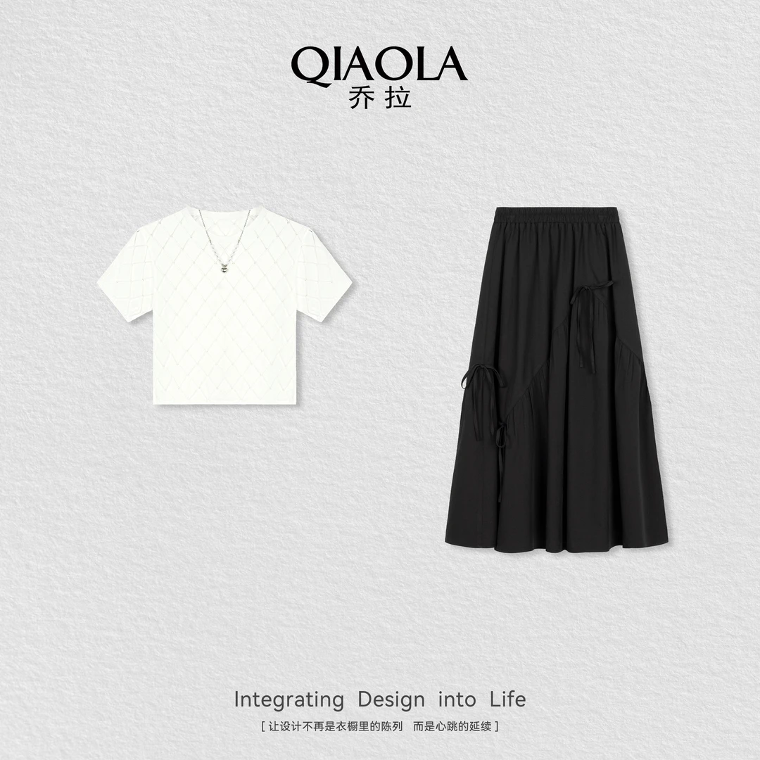 QIAOLA/乔拉【月光照影】夏新款轻薄圆领短袖百搭半裙时尚套装