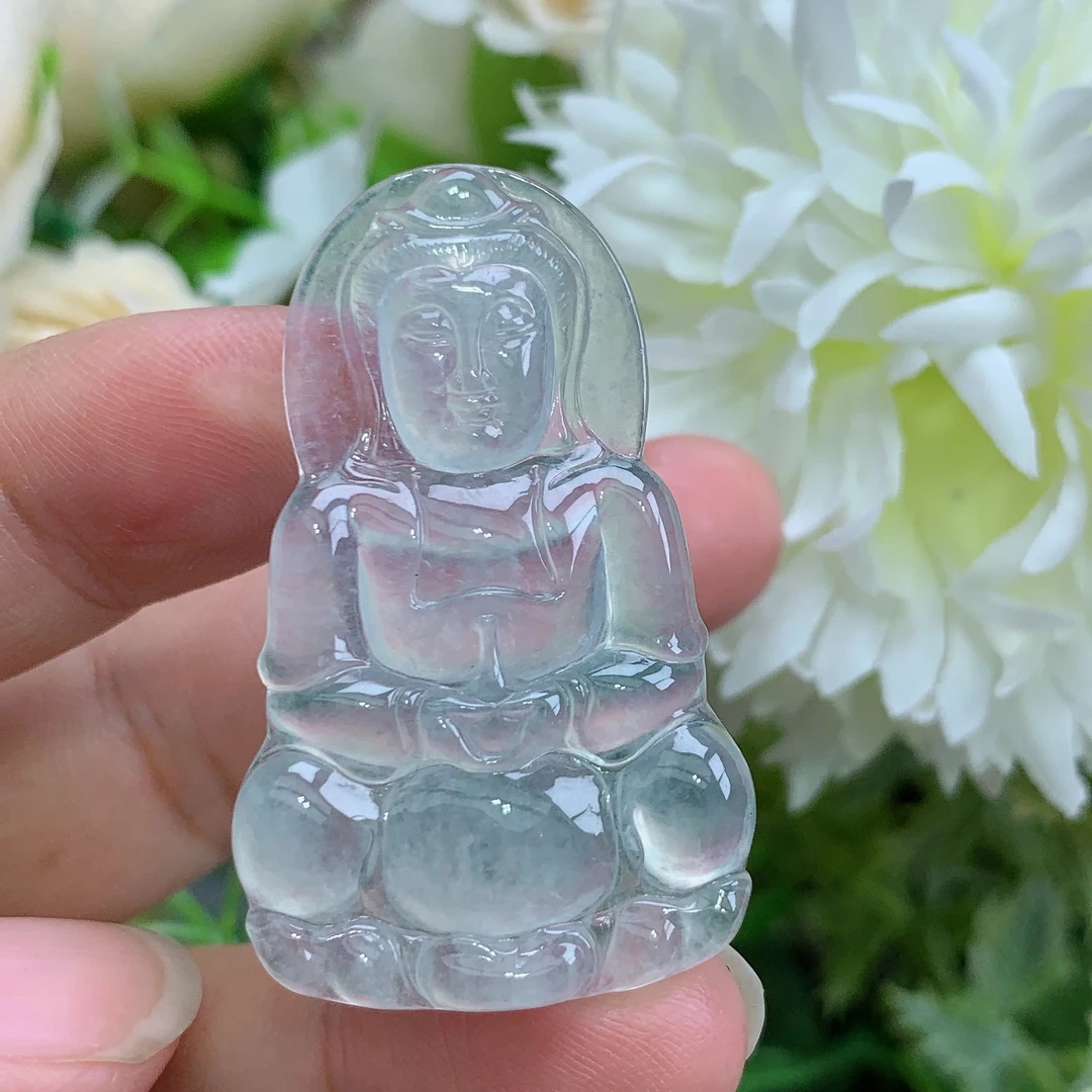缅甸天然翡翠A货高冰玻起光白月光观音吊坠快尺寸41.5/25.6/4.5mm