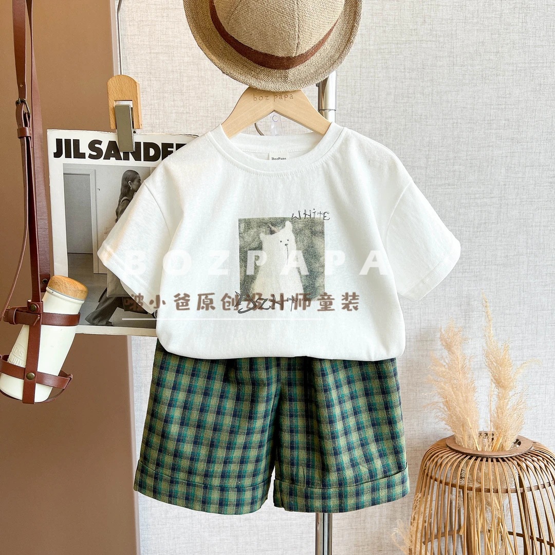 现货啵小爸【北极熊】2025夏季男童韩系印花圆领短袖T格纹裤套装