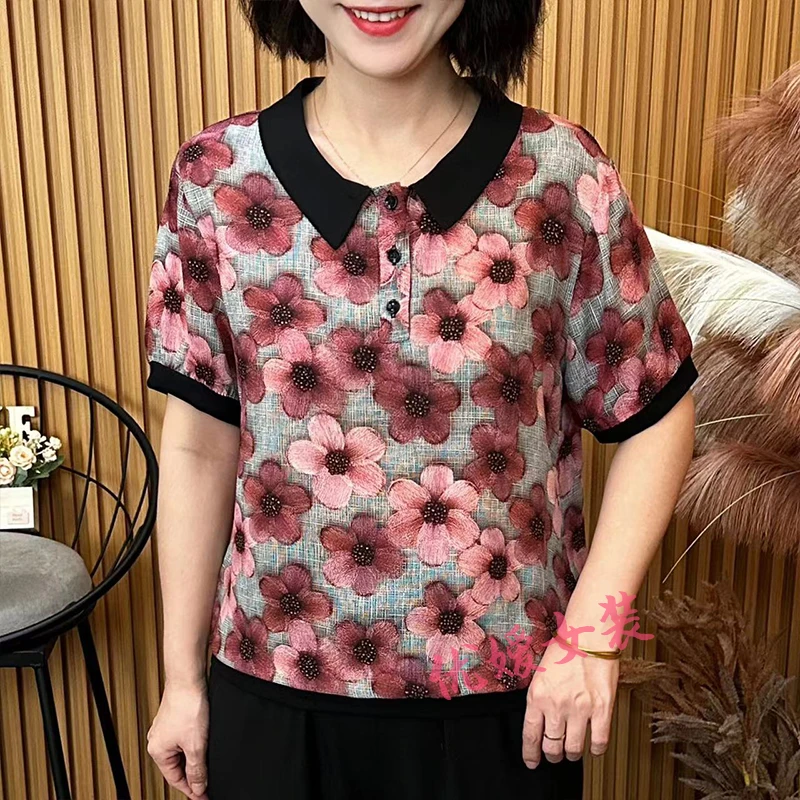 中老年女装时尚夏季薄款大花翻领印花减龄显瘦洋气妈妈装短袖上衣