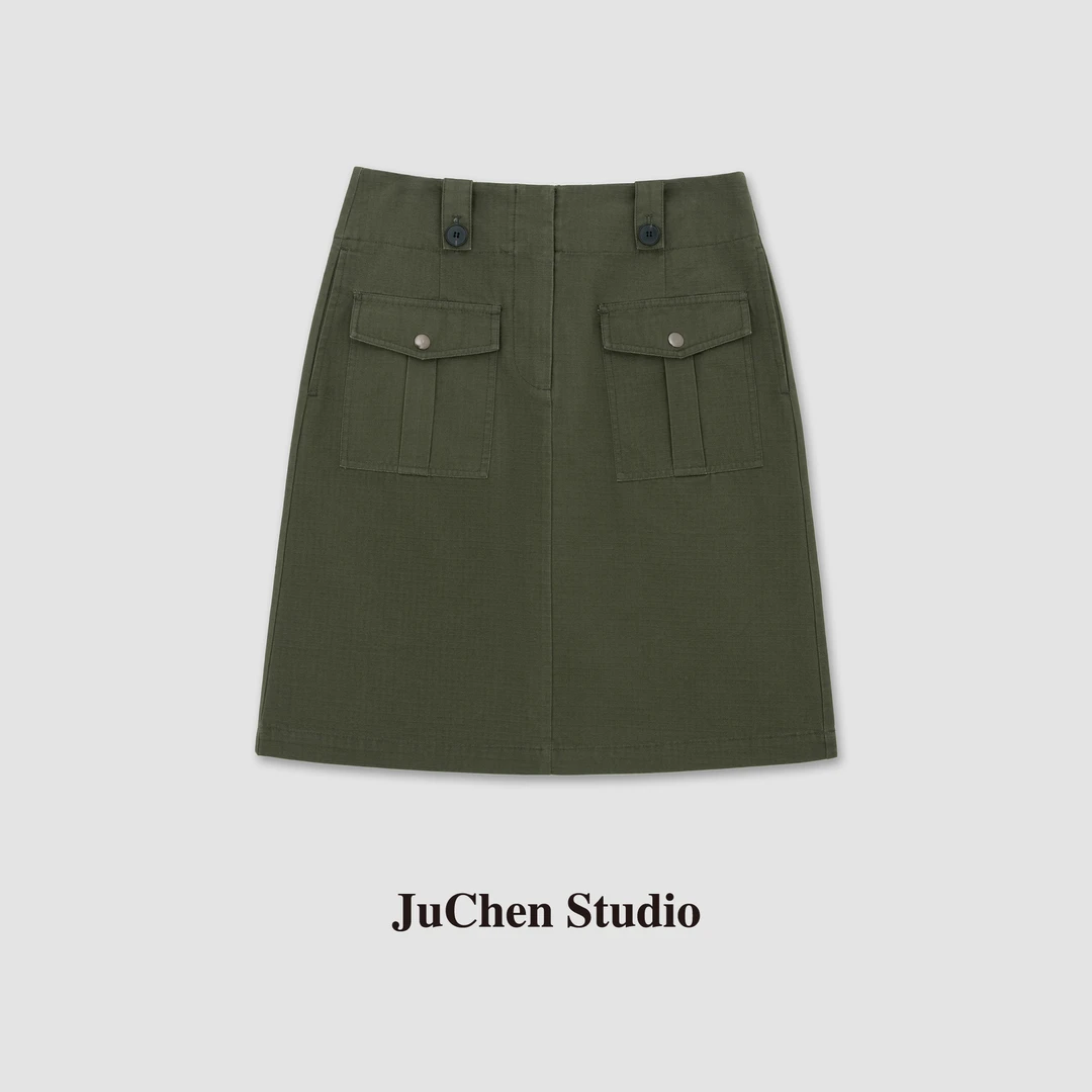 美式沙丘巴恩风牛仔棉立体双口袋连腰工装军绿色半裙 SS034113