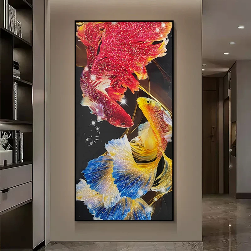 招财锦锂入户玄关装饰画九鱼图现代简约客厅背景墙画锦鲤80160