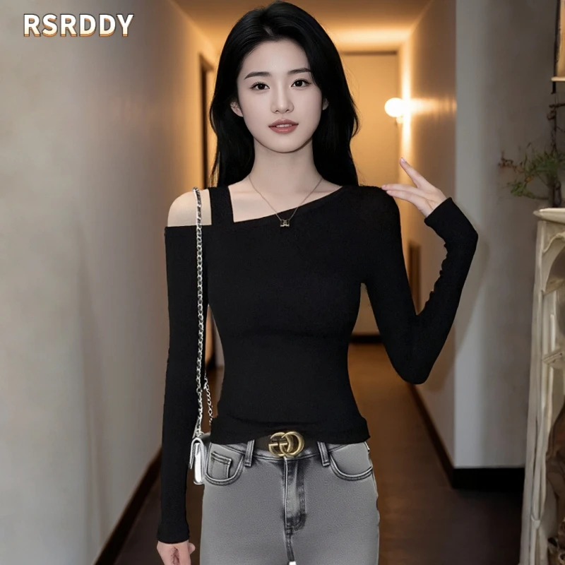 RSRDDY一字肩露肩长袖t恤女打底衫春秋新款小众气质斜肩修身上衣