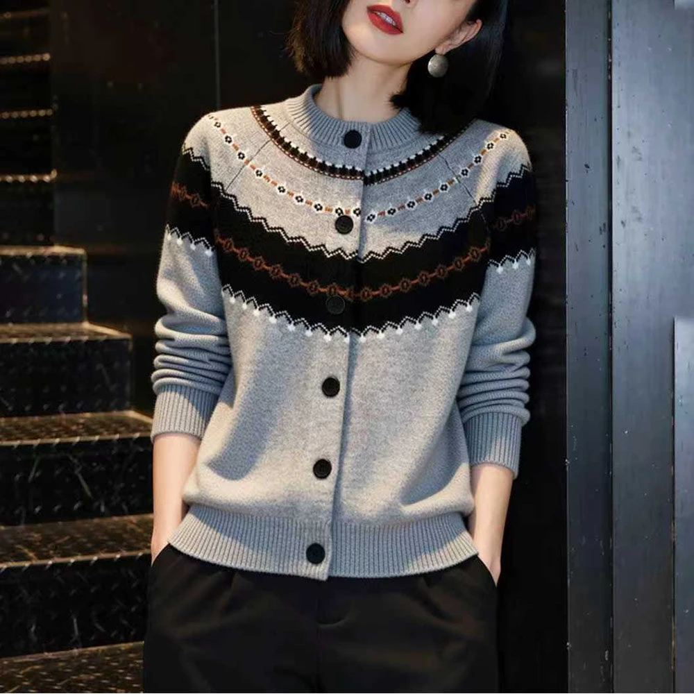 费尔岛提花开衫毛衣女秋冬新款慵懒风软糯减龄宽松显瘦针织衫上衣