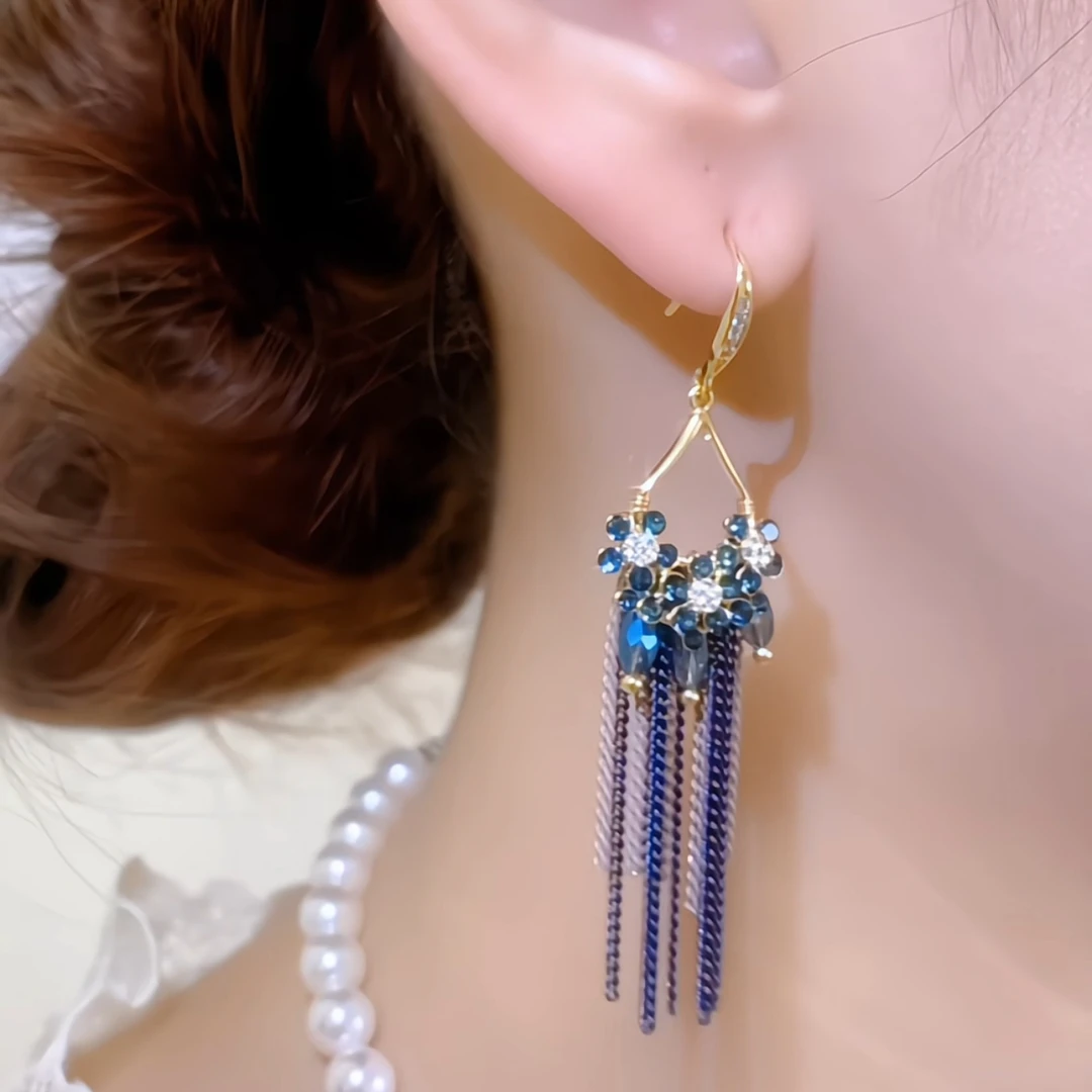 铜合金锆石耳饰 法式复古民族风微镶锆石链条流苏耳环