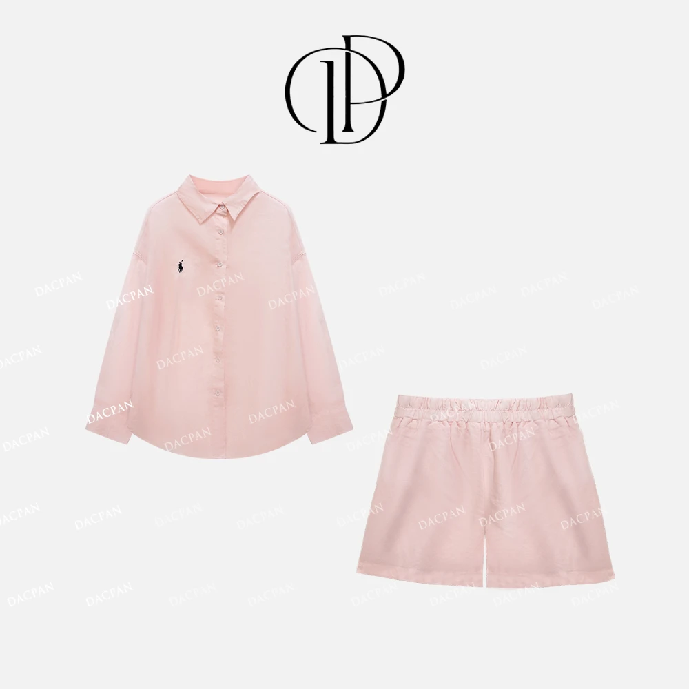 DACPAN-“劳伦学院”刺绣麻料套装 衬衫+短裤 2025/盼·25042317