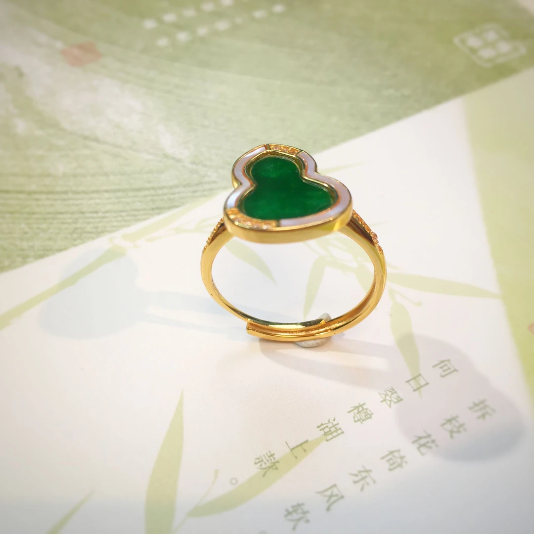 【百年一玉】天然缅甸A货S925银镀金翡翠葫芦戒指-0152