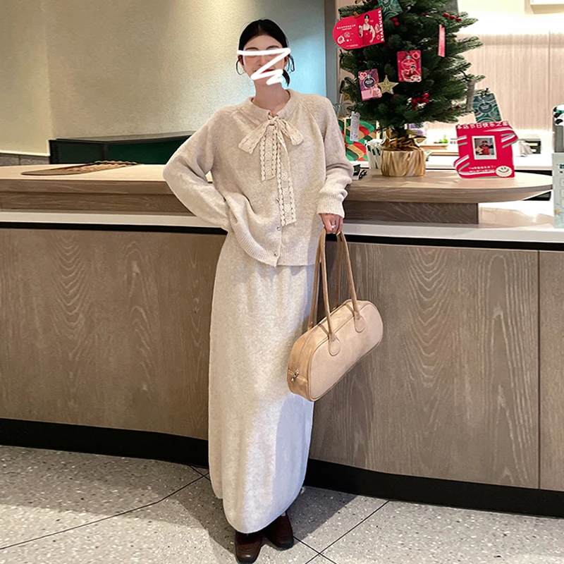 韩系甜美软糯宽松燕麦色蝴蝶结毛衣半身裙两件套2025秋季新款9705