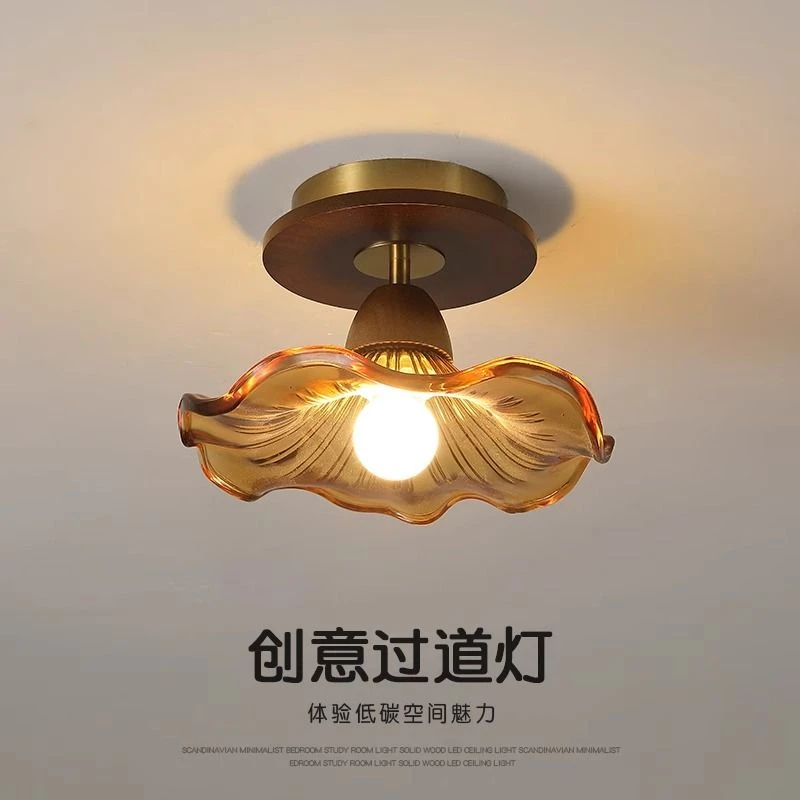 美式复古吸顶灯胡桃木色家用室外过道灯走廊灯阳台入户门厅玄关灯
