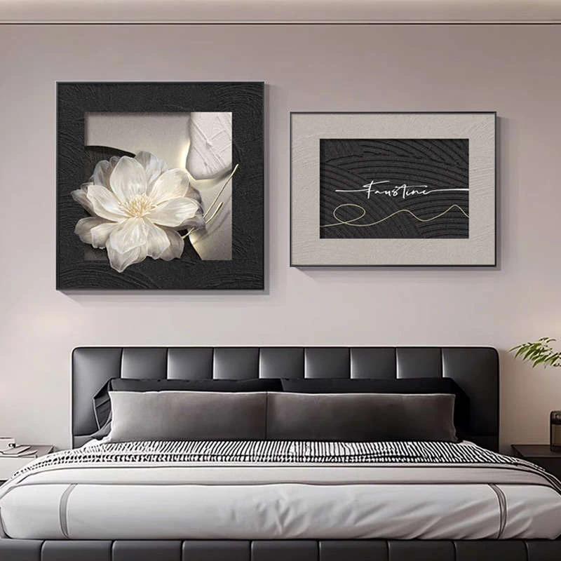现代轻奢高级感卧室装饰画主卧房间床头挂画黑白简约餐厅砂岩壁画