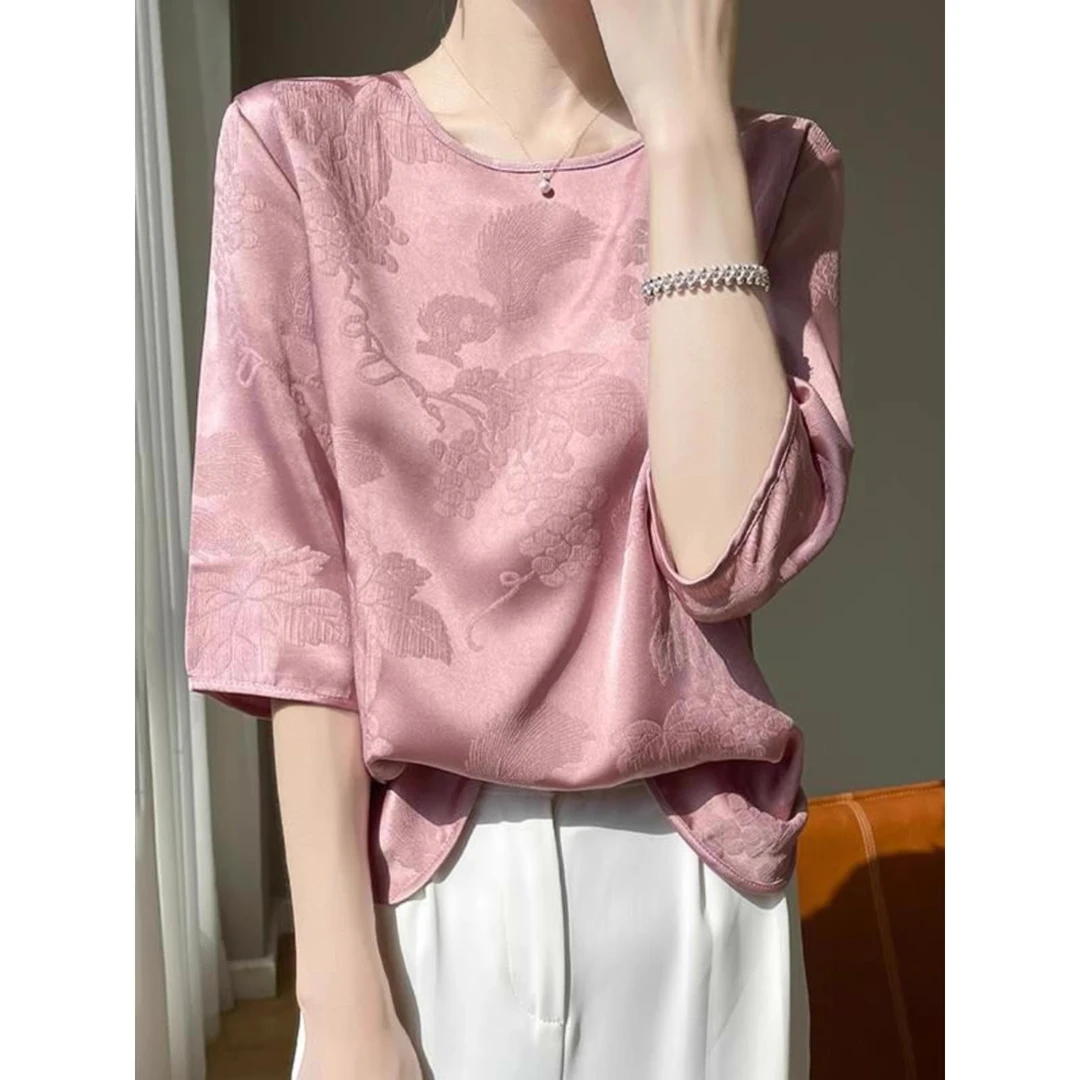 2025年复古提花短袖t恤女宽松新中式国风醋酸显瘦七分袖上衣衬衫