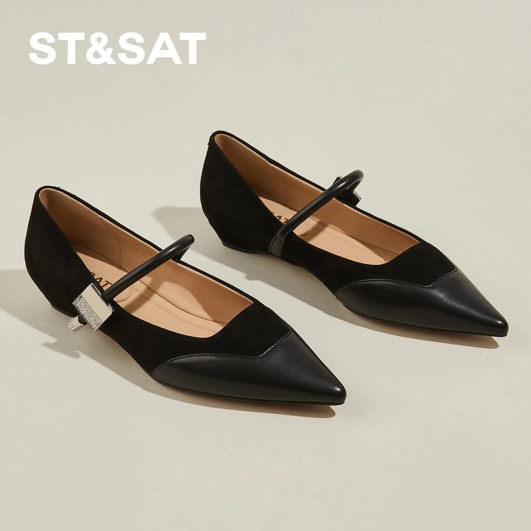 星期六羊皮绒面小皮鞋女夏季浅口尖头法式单鞋平底不累脚玛丽珍鞋