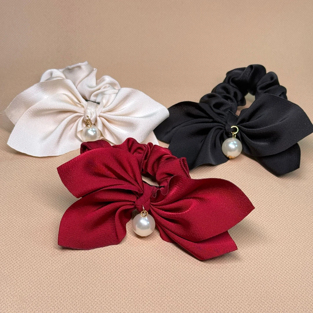 韩国东大门手工蝴蝶结珍珠天丝大肠发绳S002