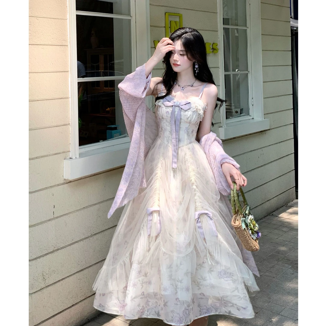 【糖糖】大码女装超仙紫温柔碎花抽褶网纱吊带连衣裙12709