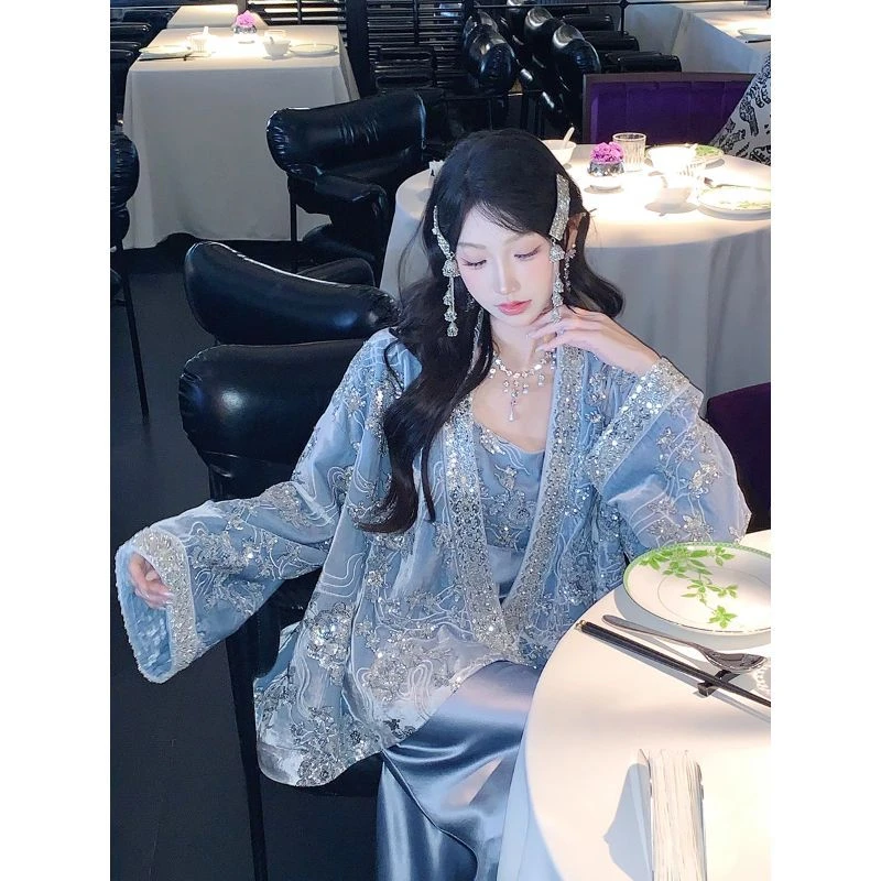 新中式外套女春季新款时尚刺绣重工丝绒套装