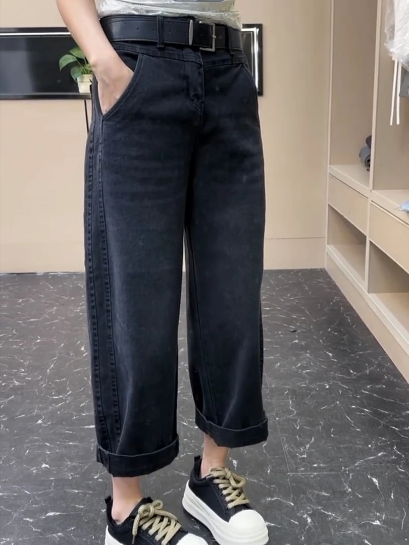 2026年春季新款百搭直筒牛仔裤大码女装高腰宽松显瘦九分法棍裤