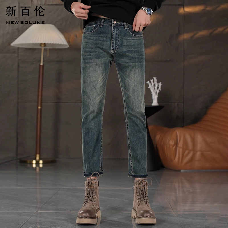 新百伦秋冬复古蓝男士牛仔裤2025年新款百搭休闲修身直筒潮流长裤