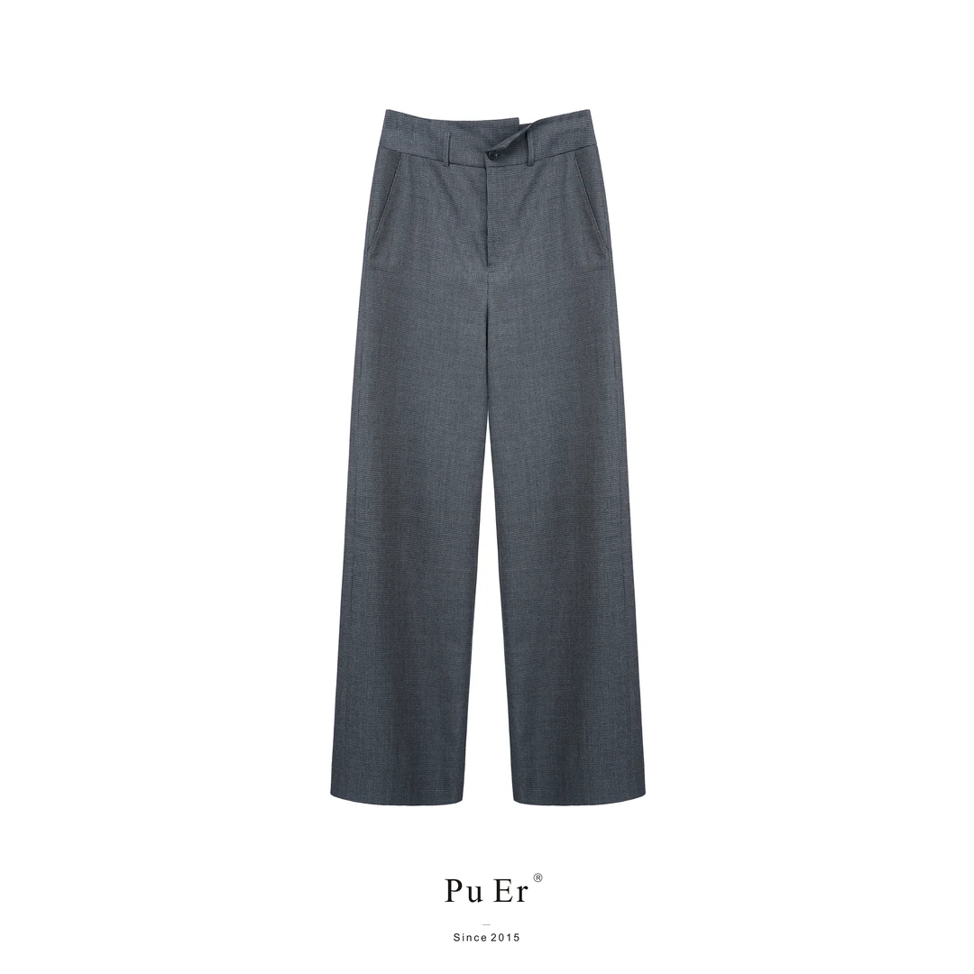 璞迩黑灰千鸟格吸烟装设计感裤腰直筒西裤（前半里）