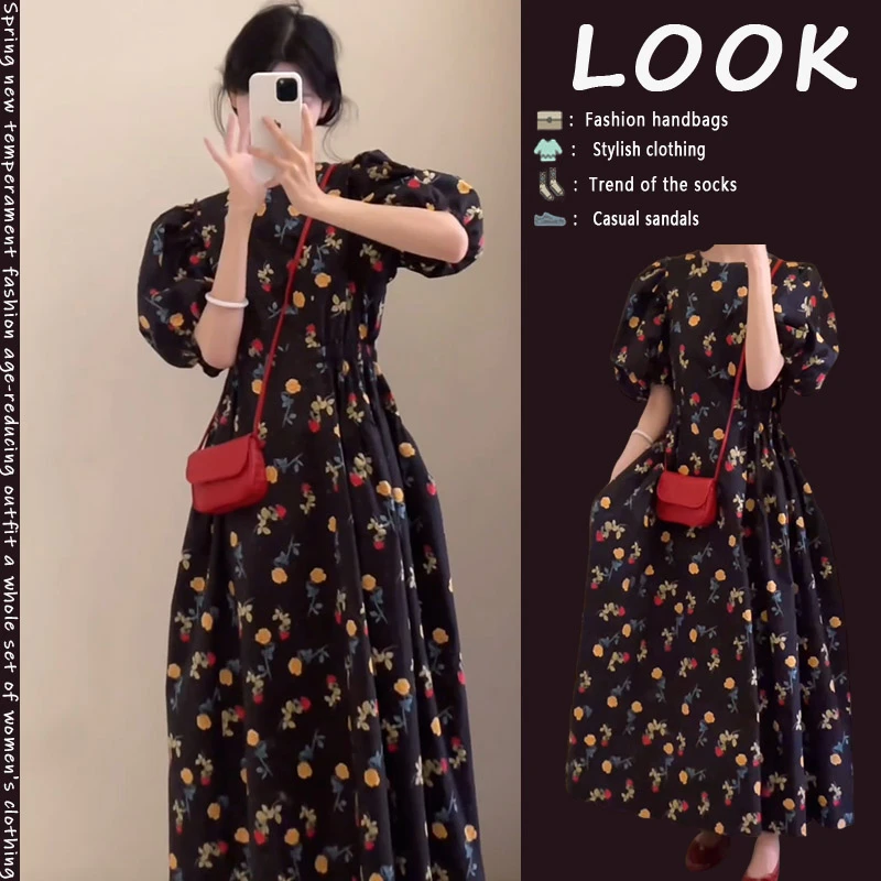 气质时尚泡泡袖碎花连衣裙女装2025夏季新款圆领公主法式茶歇长裙