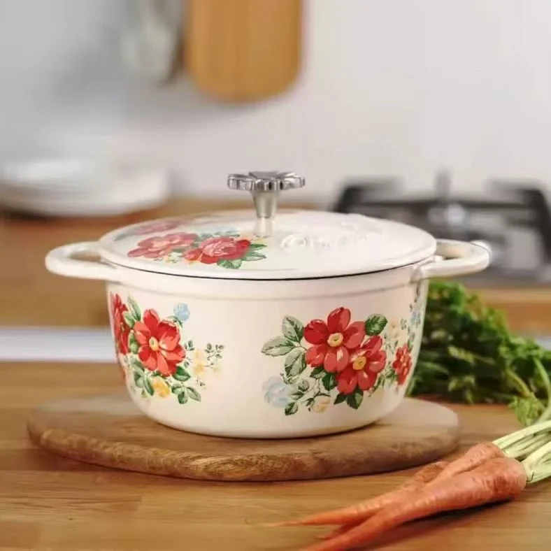 三厦出口原单贴烤花珐琅炖锅家用搪瓷汤锅双耳铸铁电磁炉燃气通用