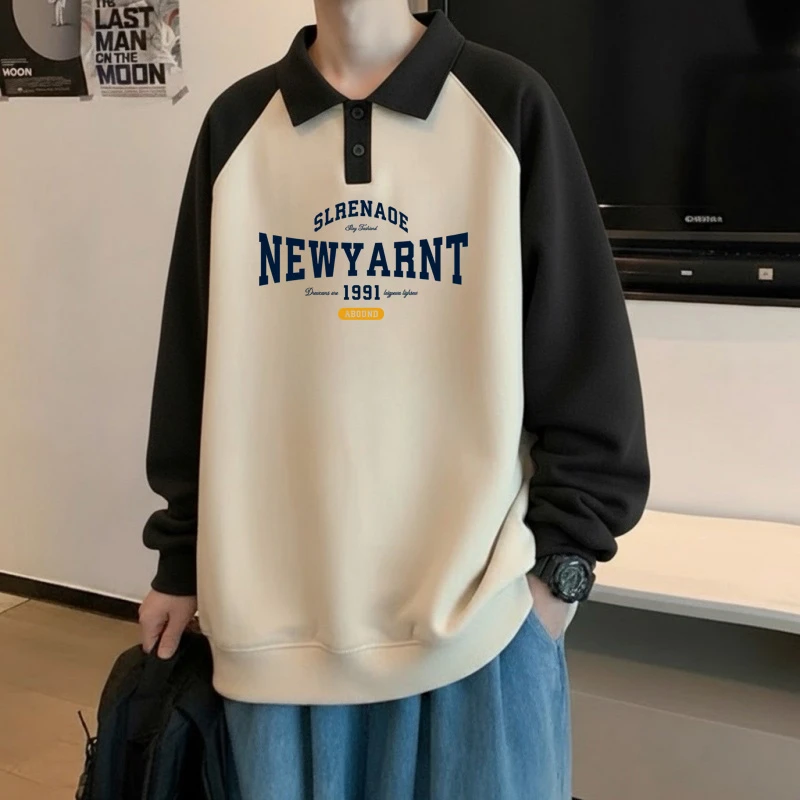 秋冬polo衫翻领卫衣男生大码宽松潮牌港风休闲外套长袖上衣青少年