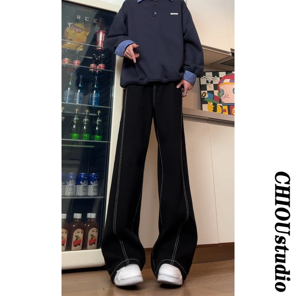 辑明线设计感原牛黑色牛仔裤男女同款潮牌高级感宽松显瘦阔腿裤子