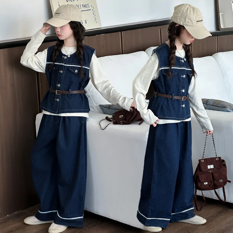 春秋款牛仔马甲三件套2025女童个性潮范宽松中大童显瘦显高时尚