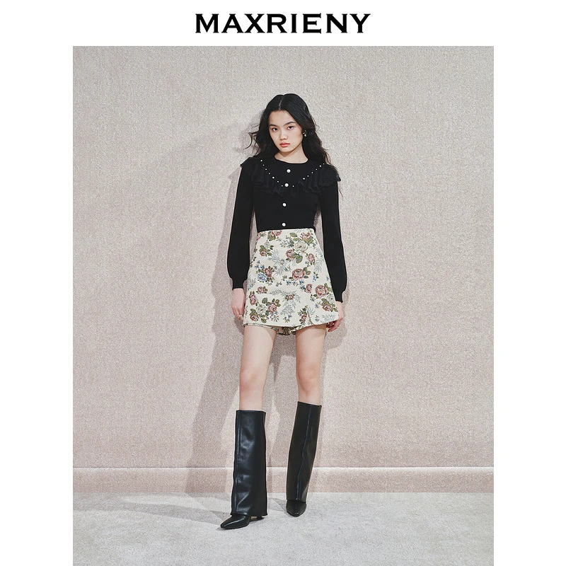 MAXRIENY精致复古感蕾丝领收腰套头针织衫24冬新款修身显瘦上衣女