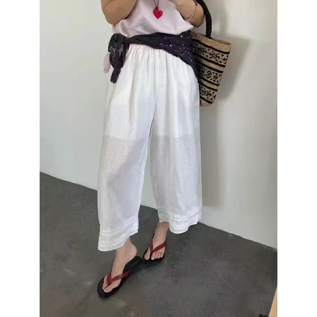 D6271蕾丝花边拼接阔腿裤女新款宽松高级感时尚气质裤子