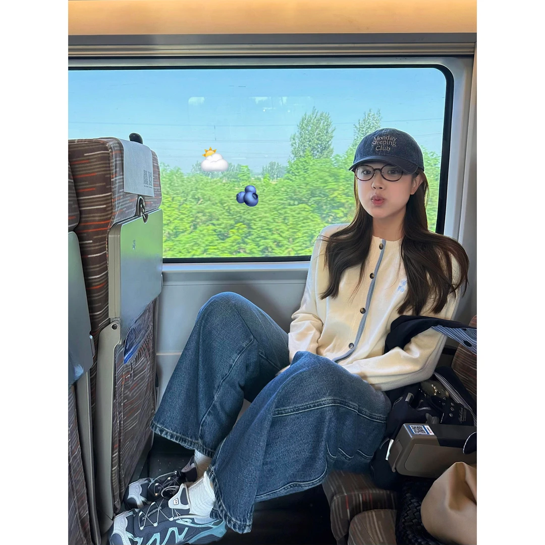 开衫撞色毛衣休闲宽松毛线衣针织衫外套做旧弯刀牛仔裤阔腿裤子女