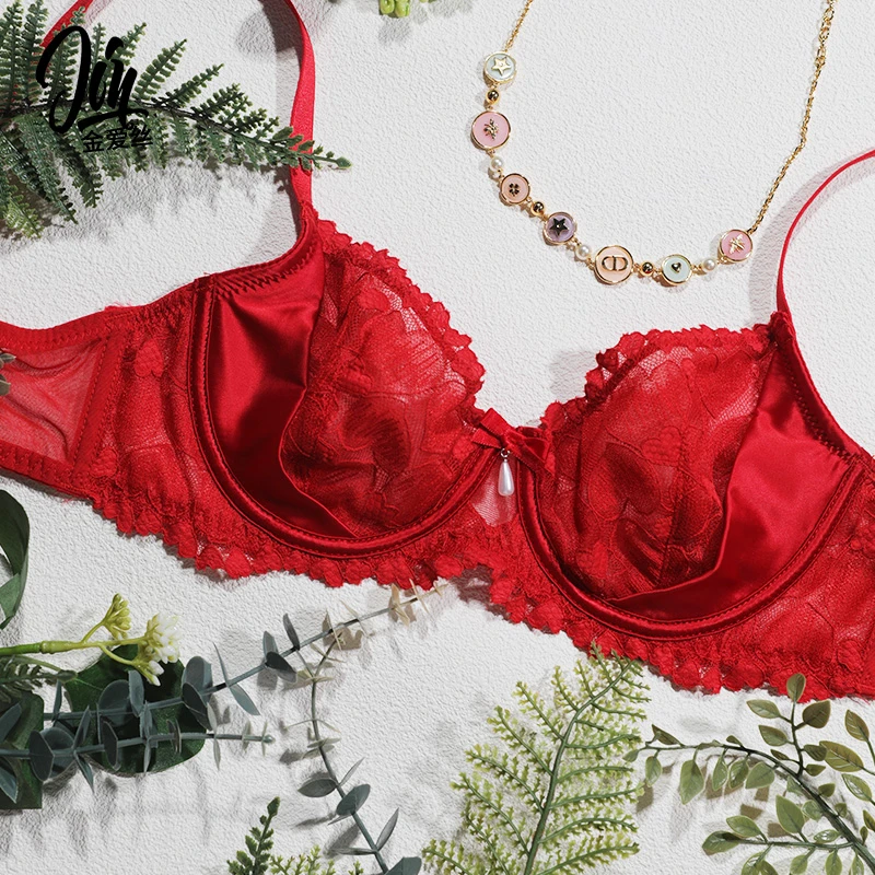 蛇年本命年红色法式蕾丝上托聚拢文胸性感女士内衣套装
