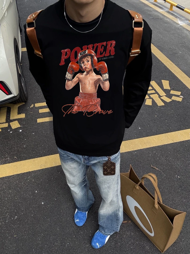 秋冬美式拳击男孩印花长袖重磅纯棉t恤男上衣宽松百搭休闲ins情侣