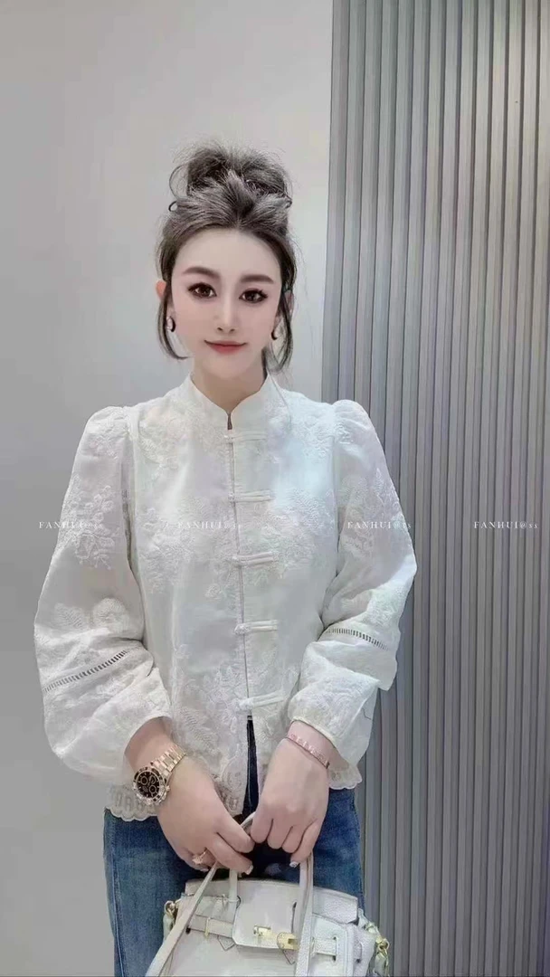 国风拼接盘扣蕾丝衫时尚长袖上衣复古刺绣衬衫