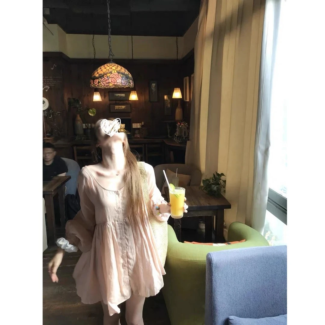 粉色宽松慵懒风甜美防晒长袖设计感连衣裙女高级感长裙