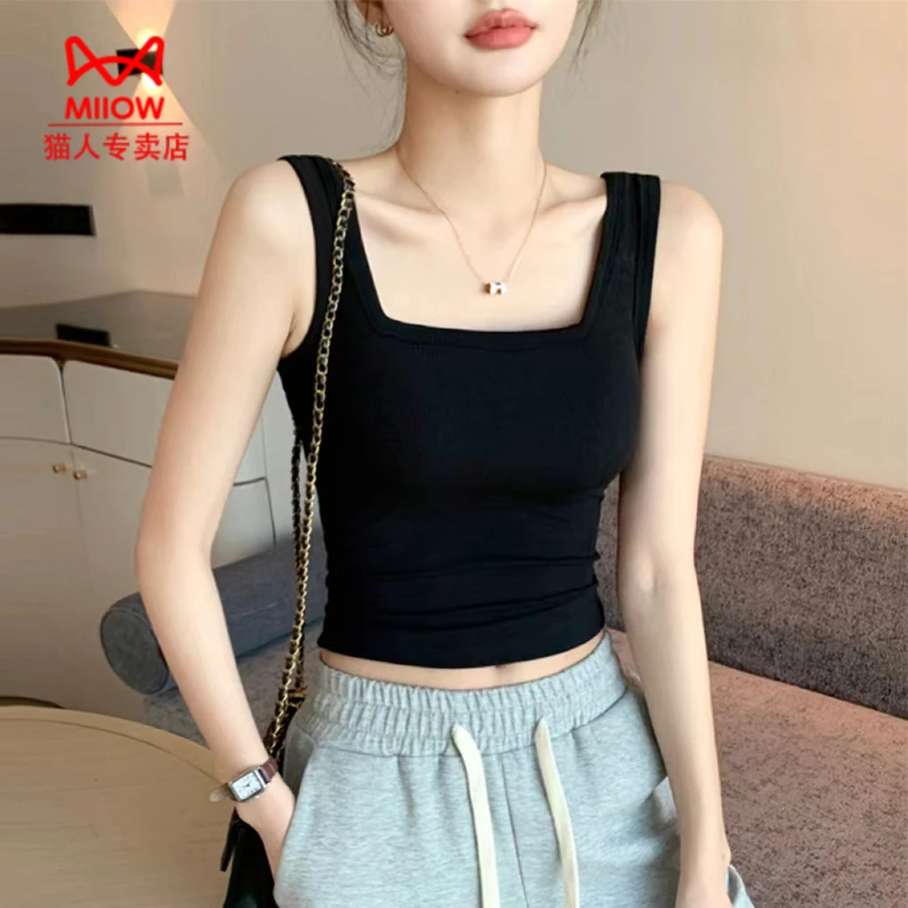 猫人黑色宽肩背心女内搭夏季新款方领美背无袖吊带黑色吊带内搭