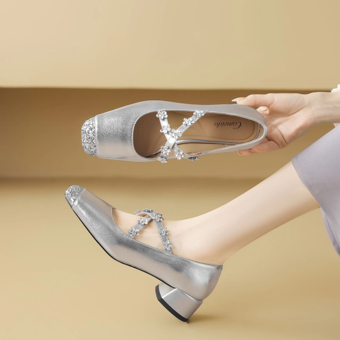 【苏小妹】3.5CM真皮软底时尚交叉绑带水钻玛丽珍中跟单鞋56216