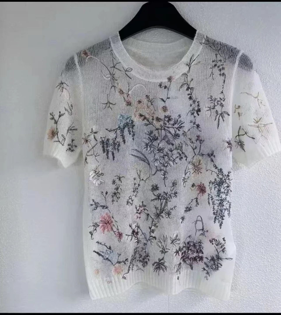 【花卉系列】重工彩色花朵刺绣透视桑蚕丝马海毛针织衫上衣