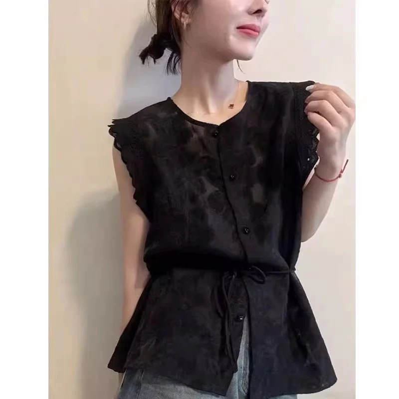 提花无袖衬衫女2025新款夏季韩版时尚收腰洋气百搭显瘦女装上衣潮