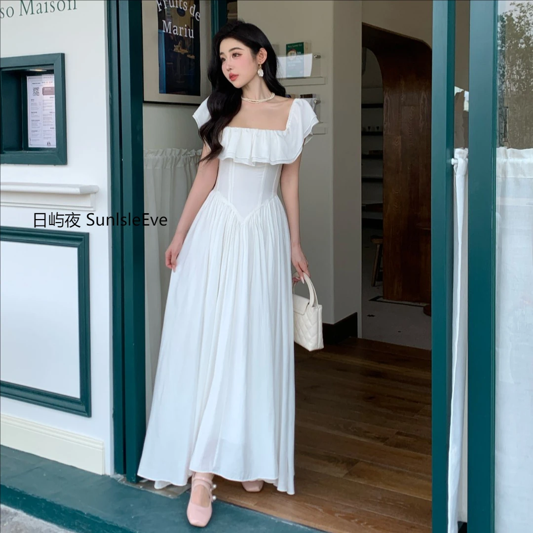 【日屿夜】夏季白色连衣裙法式收腰中长款连衣裙女款爆款领证穿搭