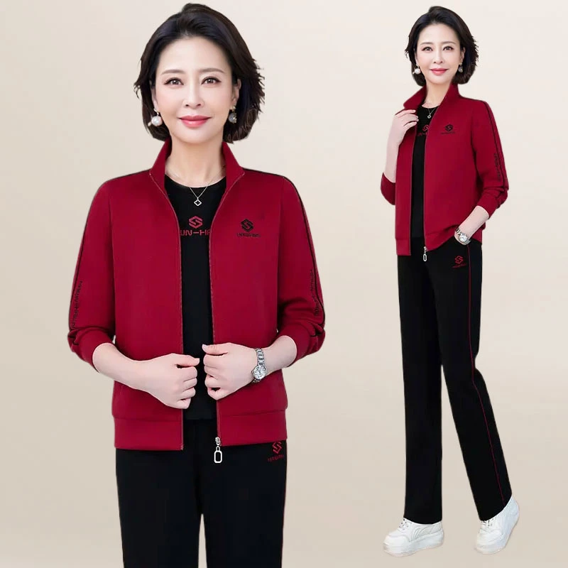 中老年女秋季品牌休闲运动套装中年妈妈春秋时尚减龄显瘦三件套装