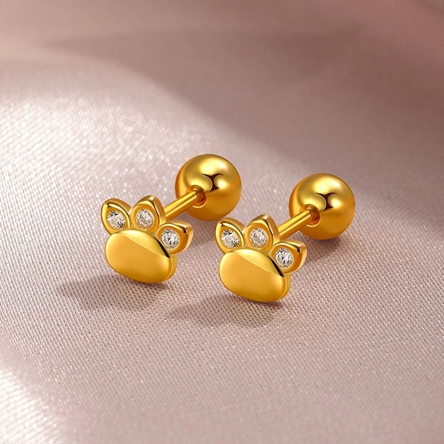 925银耳饰 S925银小猫爪锆石耳钉可爱韩版小清新拧螺丝简约养耳洞