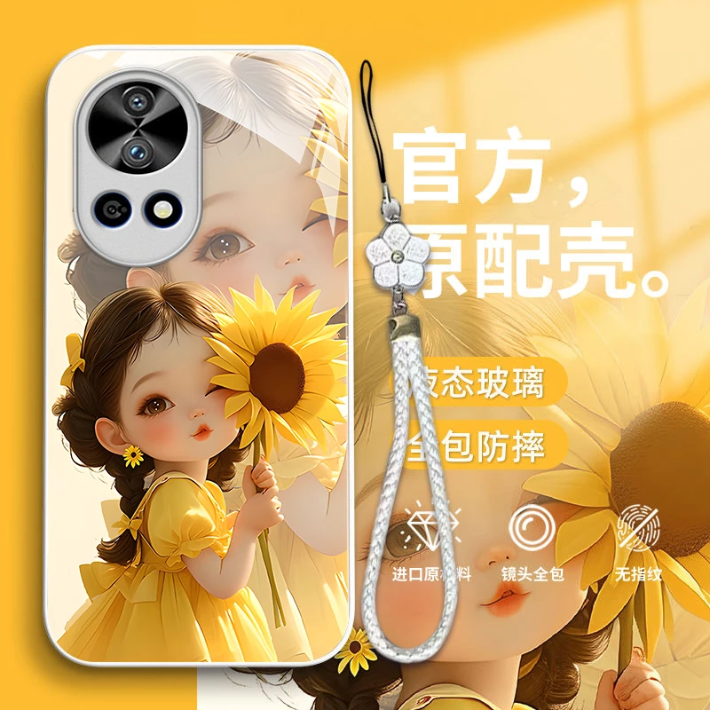 华为nova12pro手机壳玻璃壳捧花女孩挂绳女款全包防摔高级感清新