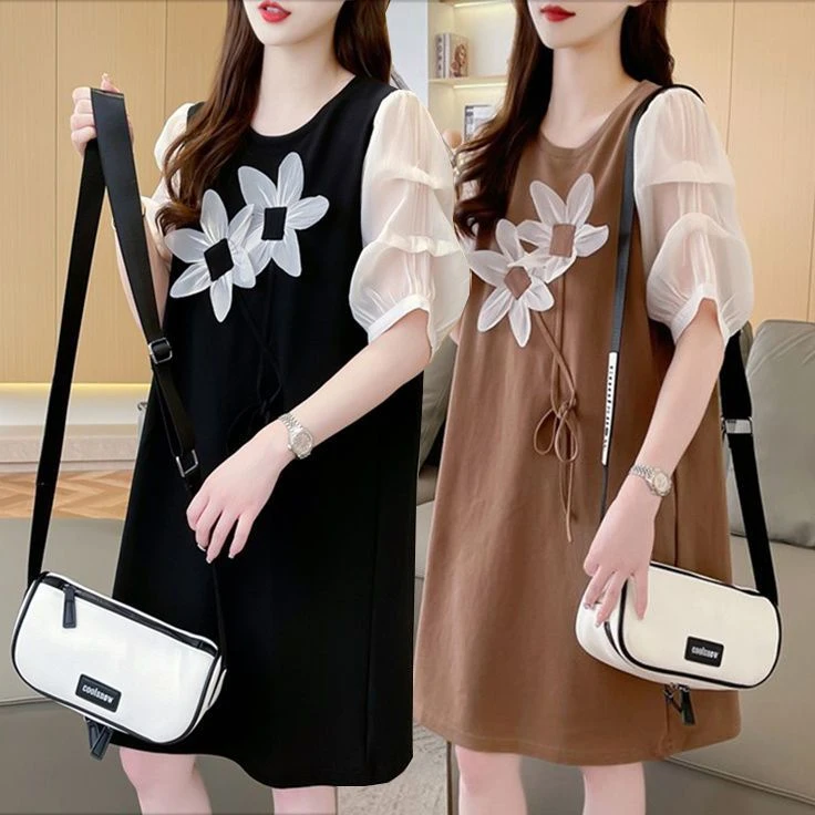 哥弟阿玛施正品欧货泡泡袖立体花朵休闲连衣裙女2025年夏季大码宽