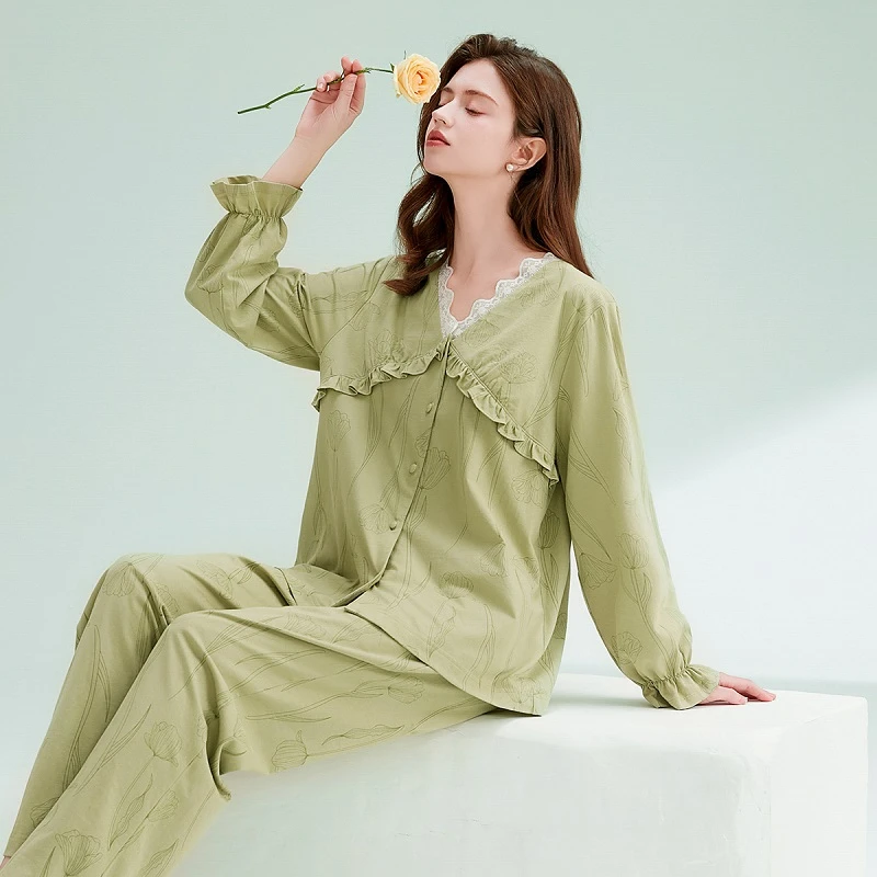 芬腾女士睡衣【100%纯棉】2025春季新品蕾丝V领长袖家居服高级感