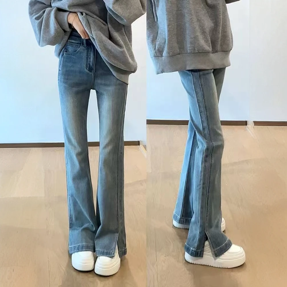 开叉高腰微喇牛仔裤女春季新款梨型身材胖mm显瘦裤子弹力喇叭裤子