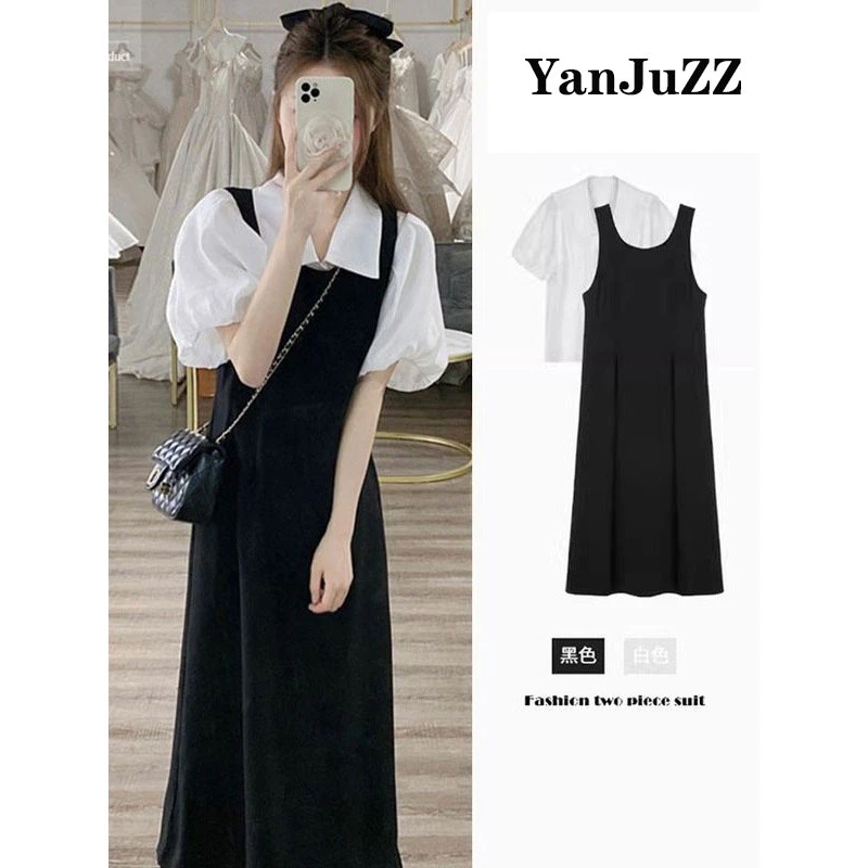 2025夏季新款韩版减龄泡泡袖衬衫洋气收腰显瘦大码背带连衣裙女潮