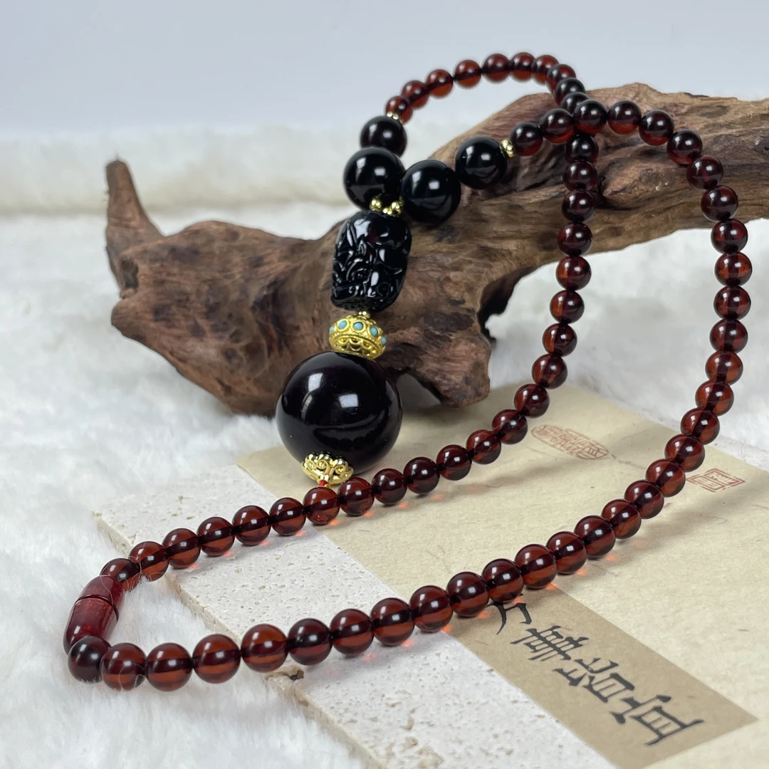 芷桦珠宝-天然缅甸翳珀貔貅吊坠项链黑加仑百搭时尚大方个性推荐